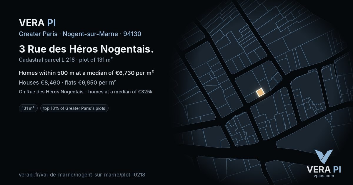 3 Rue des Héros Nogentais, Nogent-sur-Marne at night – the plot lit, the parcels around coloured by the prices near them