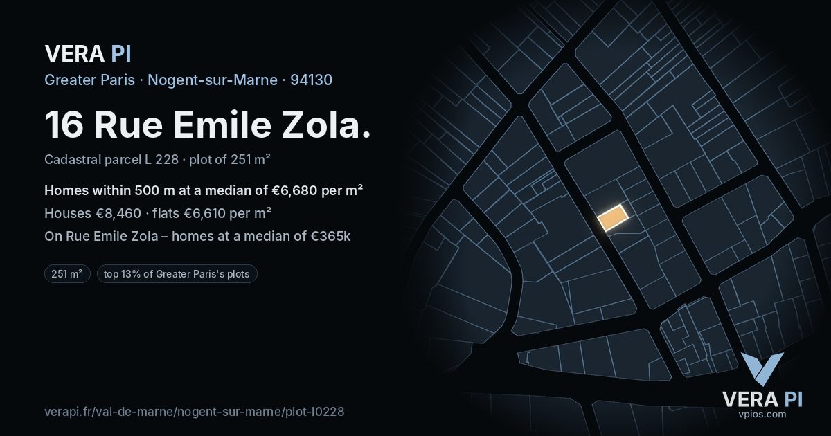 16 Rue Emile Zola, Nogent-sur-Marne at night – the plot lit, the parcels around coloured by the prices near them