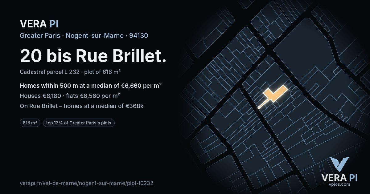 20 bis Rue Brillet, Nogent-sur-Marne at night – the plot lit, the parcels around coloured by the prices near them