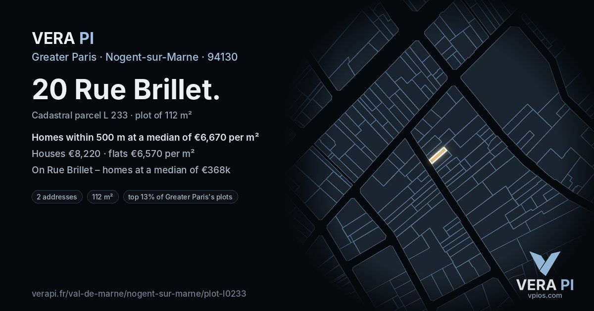 20 Rue Brillet, Nogent-sur-Marne at night – the plot lit, the parcels around coloured by the prices near them