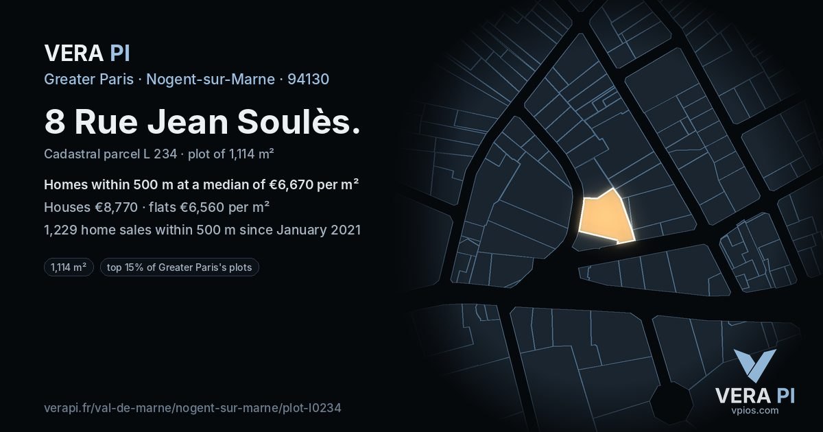 8 Rue Jean Soulès, Nogent-sur-Marne at night – the plot lit, the parcels around coloured by the prices near them