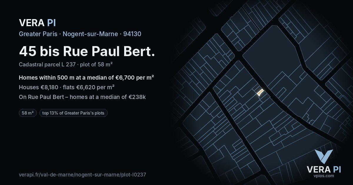 45 bis Rue Paul Bert, Nogent-sur-Marne at night – the plot lit, the parcels around coloured by the prices near them