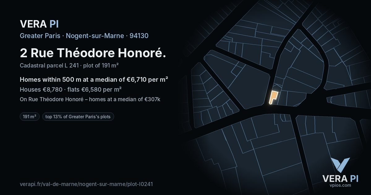 2 Rue Théodore Honoré, Nogent-sur-Marne at night – the plot lit, the parcels around coloured by the prices near them