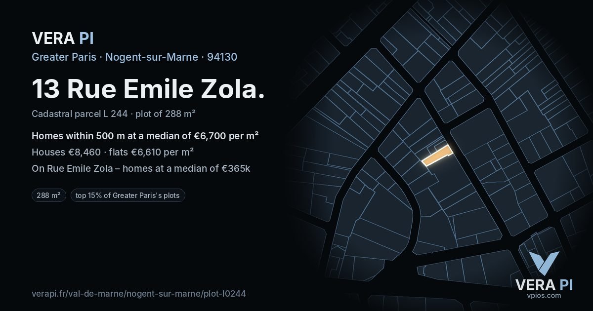 13 Rue Emile Zola, Nogent-sur-Marne at night – the plot lit, the parcels around coloured by the prices near them