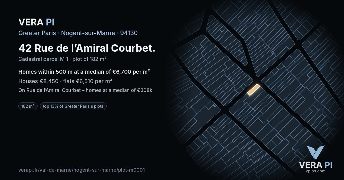 42 Rue de l’Amiral Courbet, Nogent-sur-Marne at night – the plot lit, the parcels around coloured by the prices near them