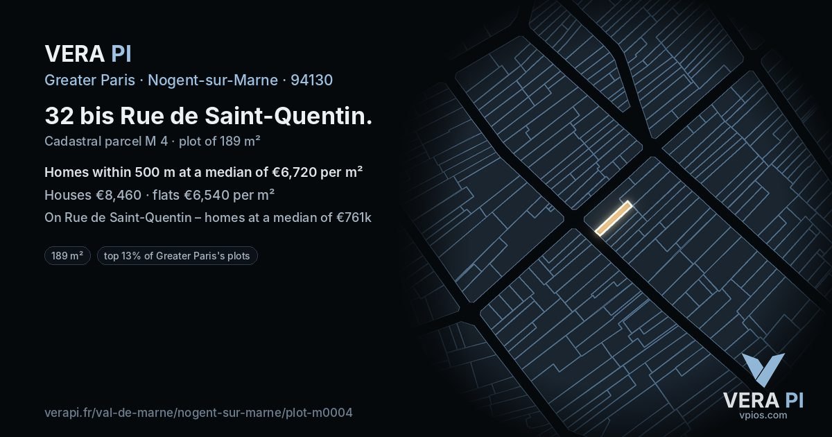 32 bis Rue de Saint-Quentin, Nogent-sur-Marne at night – the plot lit, the parcels around coloured by the prices near them
