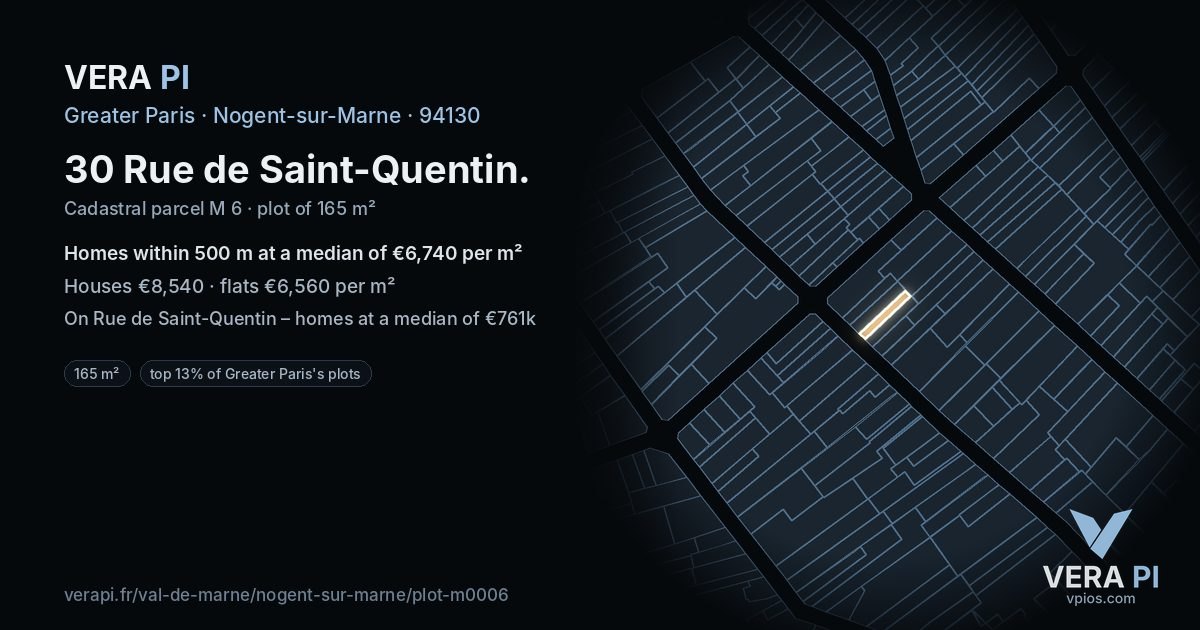 30 Rue de Saint-Quentin, Nogent-sur-Marne at night – the plot lit, the parcels around coloured by the prices near them