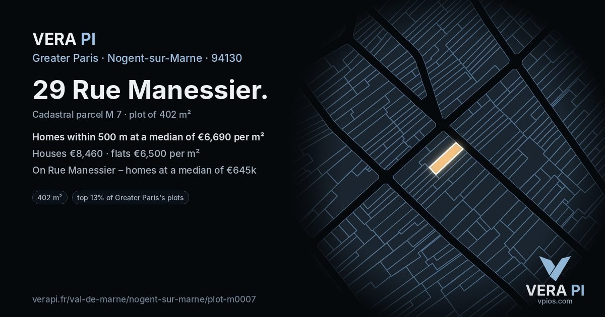 29 Rue Manessier, Nogent-sur-Marne at night – the plot lit, the parcels around coloured by the prices near them