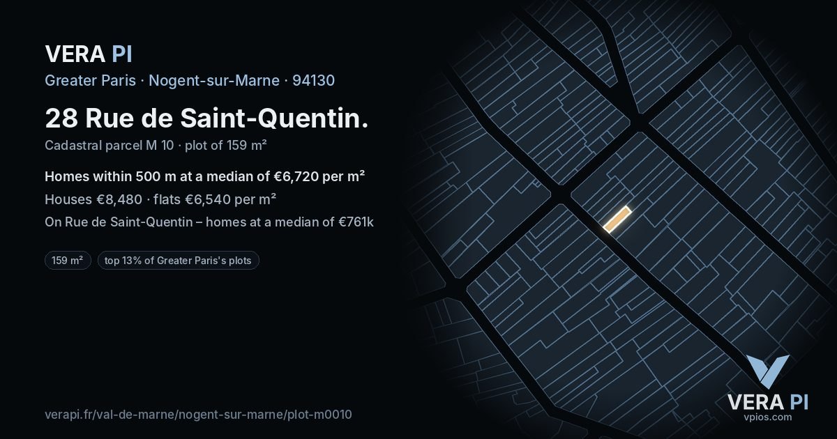 28 Rue de Saint-Quentin, Nogent-sur-Marne at night – the plot lit, the parcels around coloured by the prices near them
