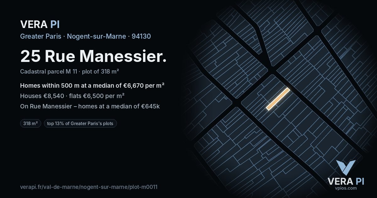 25 Rue Manessier, Nogent-sur-Marne at night – the plot lit, the parcels around coloured by the prices near them