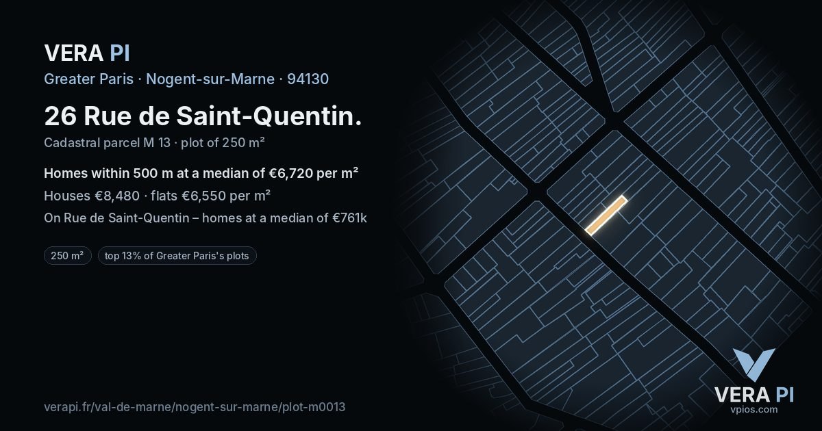 26 Rue de Saint-Quentin, Nogent-sur-Marne at night – the plot lit, the parcels around coloured by the prices near them