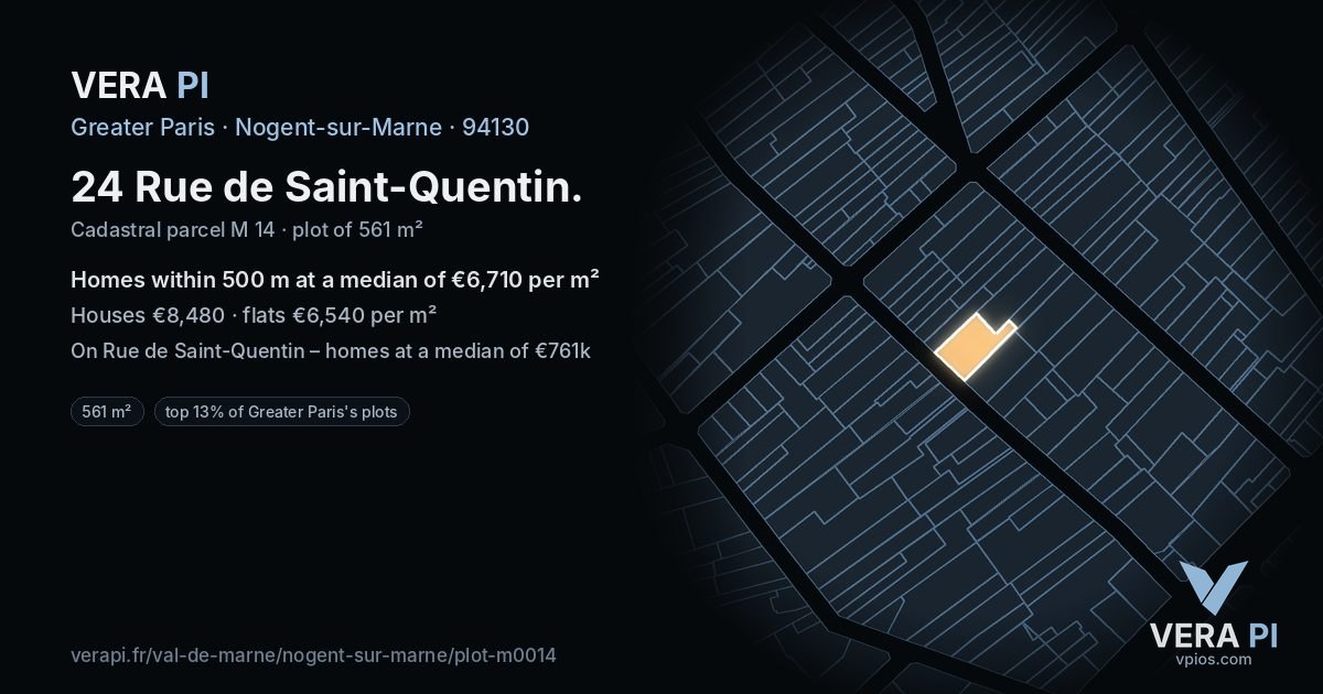 24 Rue de Saint-Quentin, Nogent-sur-Marne at night – the plot lit, the parcels around coloured by the prices near them