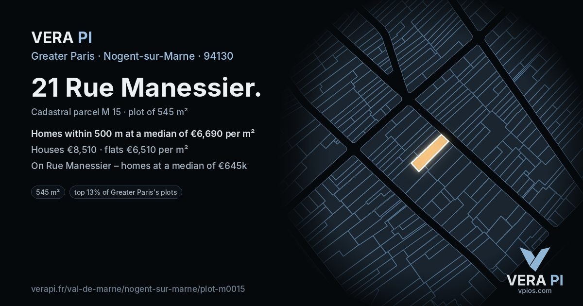 21 Rue Manessier, Nogent-sur-Marne at night – the plot lit, the parcels around coloured by the prices near them