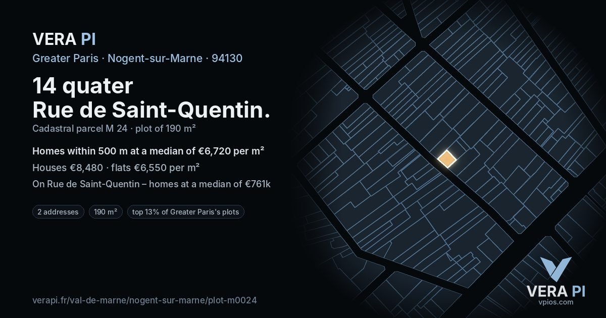 14 quater Rue de Saint-Quentin, Nogent-sur-Marne at night – the plot lit, the parcels around coloured by the prices near them