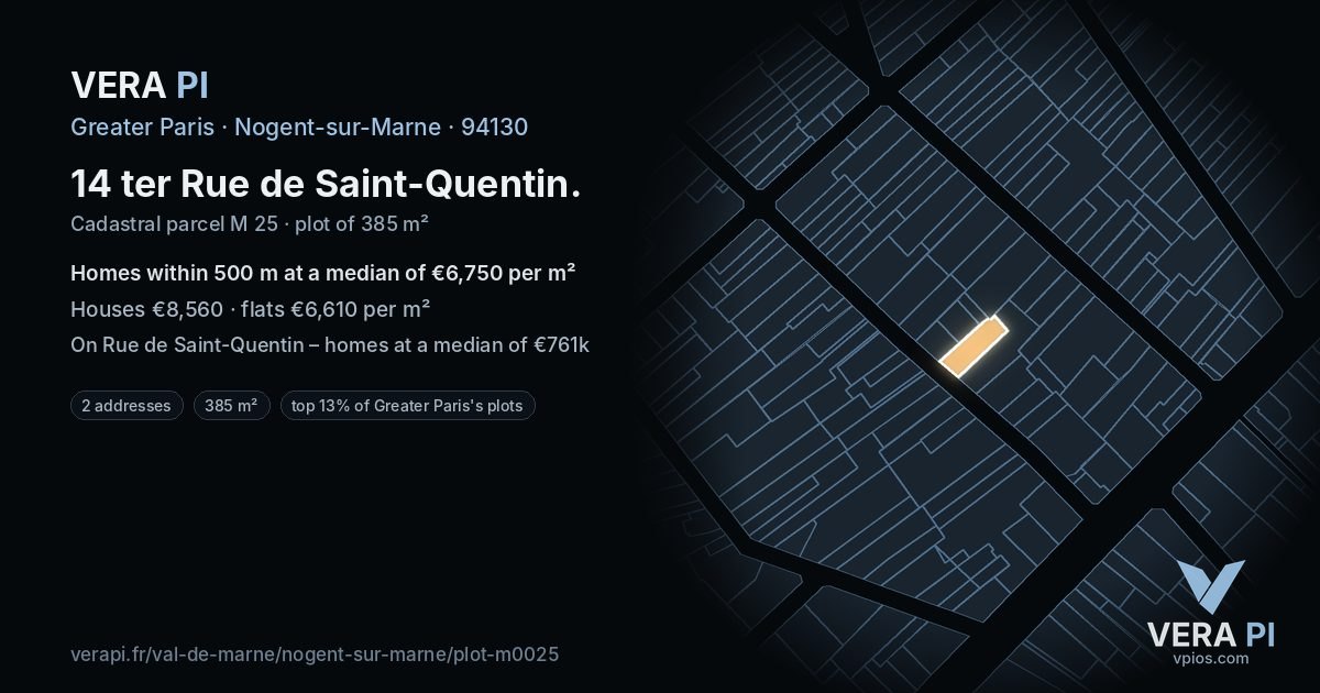 14 ter Rue de Saint-Quentin, Nogent-sur-Marne at night – the plot lit, the parcels around coloured by the prices near them