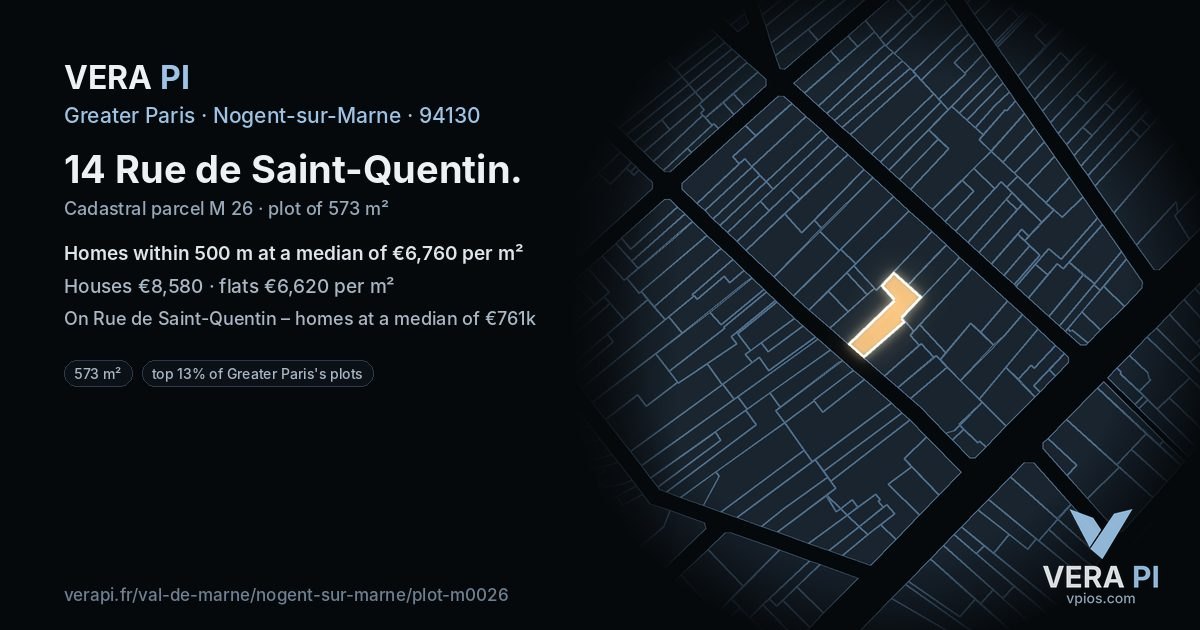 14 Rue de Saint-Quentin, Nogent-sur-Marne at night – the plot lit, the parcels around coloured by the prices near them