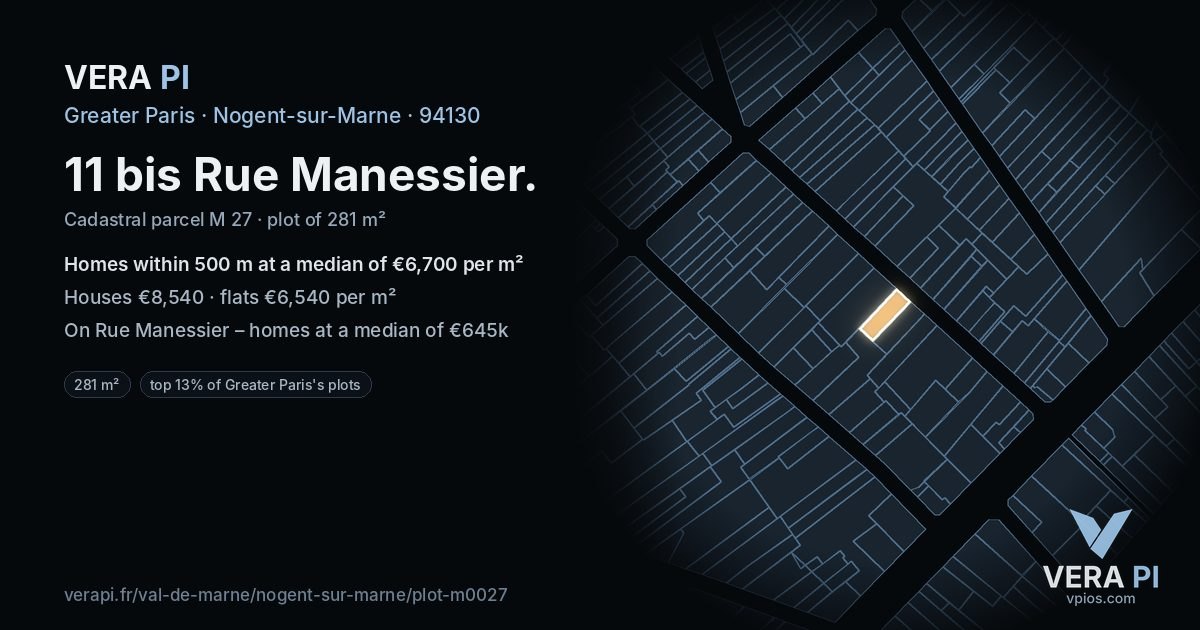 11 bis Rue Manessier, Nogent-sur-Marne at night – the plot lit, the parcels around coloured by the prices near them