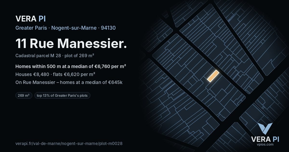 11 Rue Manessier, Nogent-sur-Marne at night – the plot lit, the parcels around coloured by the prices near them