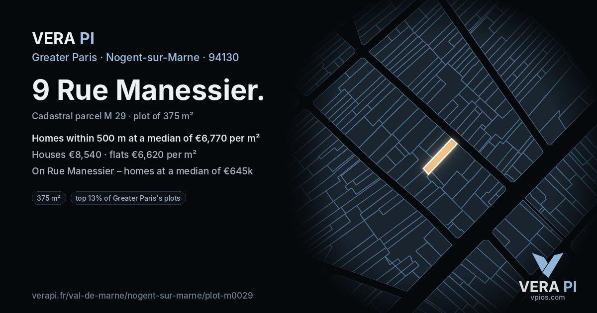 9 Rue Manessier, Nogent-sur-Marne at night – the plot lit, the parcels around coloured by the prices near them