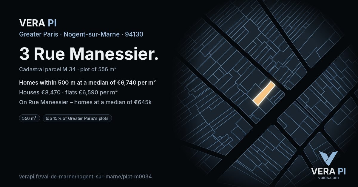 3 Rue Manessier, Nogent-sur-Marne at night – the plot lit, the parcels around coloured by the prices near them