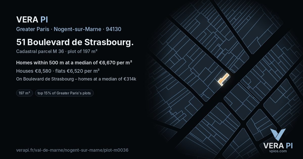 51 Boulevard de Strasbourg, Nogent-sur-Marne at night – the plot lit, the parcels around coloured by the prices near them