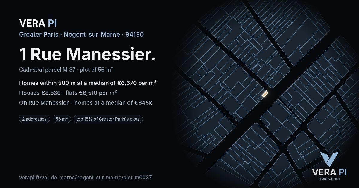1 Rue Manessier, Nogent-sur-Marne at night – the plot lit, the parcels around coloured by the prices near them