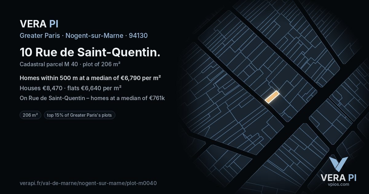 10 Rue de Saint-Quentin, Nogent-sur-Marne at night – the plot lit, the parcels around coloured by the prices near them