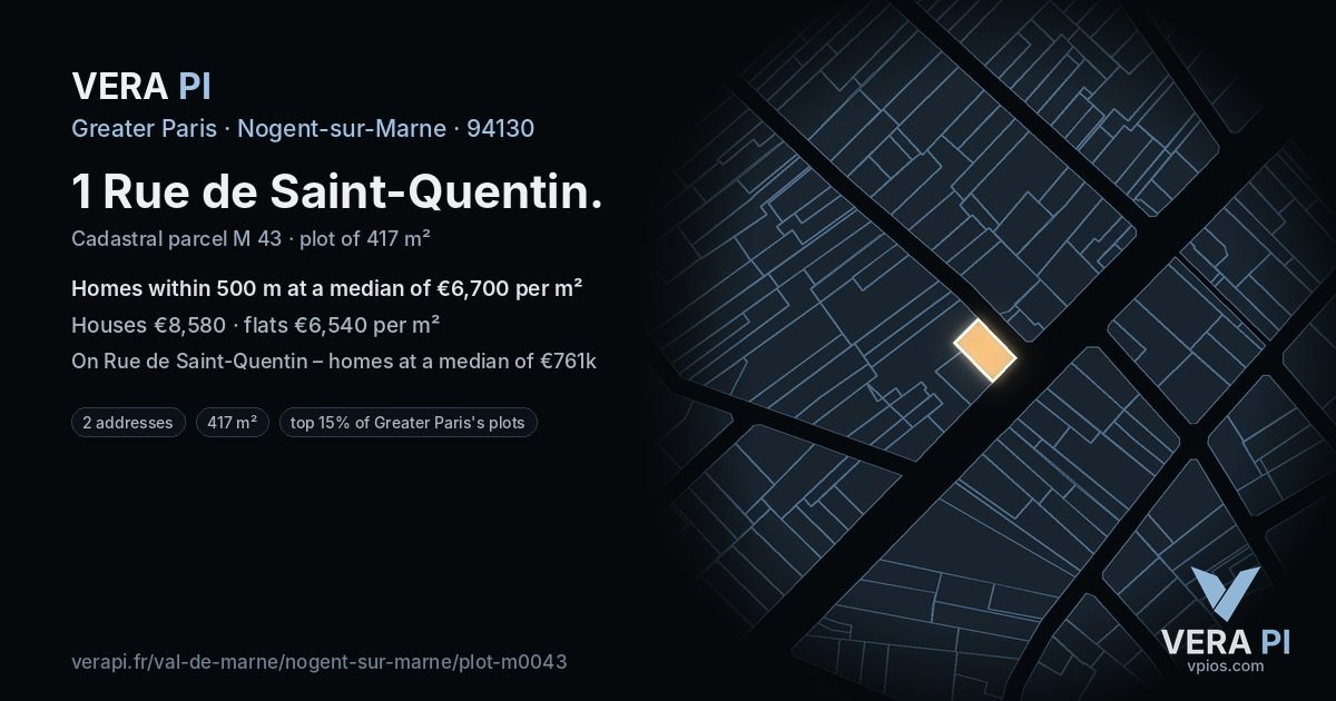 1 Rue de Saint-Quentin, Nogent-sur-Marne at night – the plot lit, the parcels around coloured by the prices near them