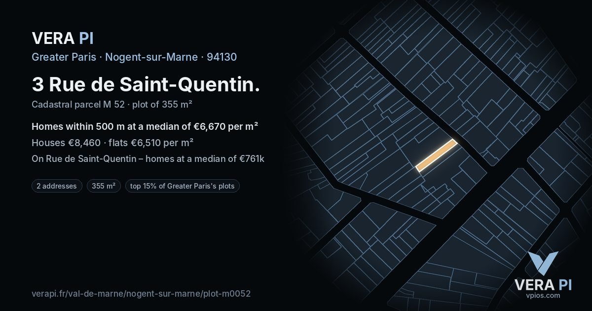 3 Rue de Saint-Quentin, Nogent-sur-Marne at night – the plot lit, the parcels around coloured by the prices near them