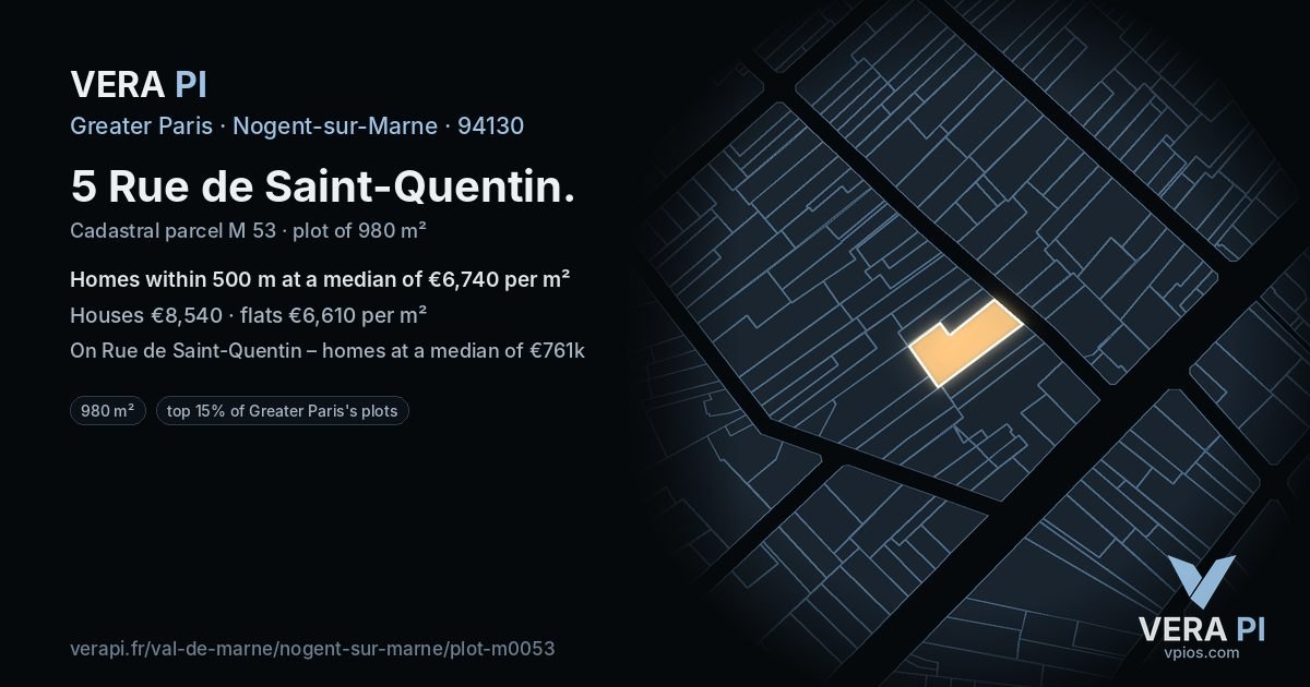 5 Rue de Saint-Quentin, Nogent-sur-Marne at night – the plot lit, the parcels around coloured by the prices near them