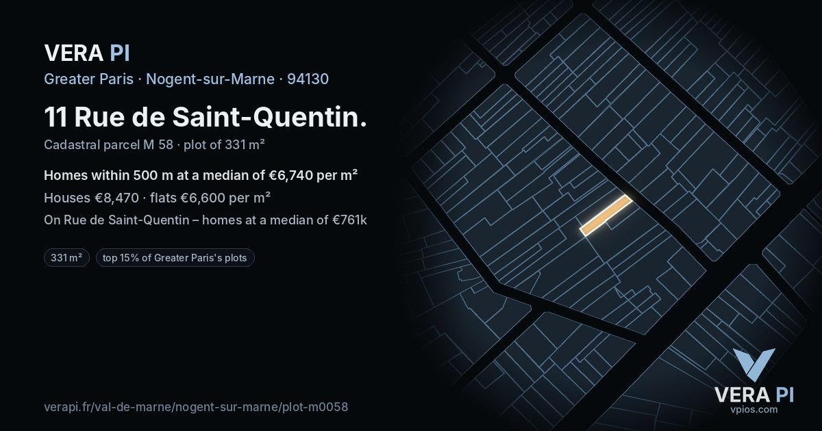11 Rue de Saint-Quentin, Nogent-sur-Marne at night – the plot lit, the parcels around coloured by the prices near them