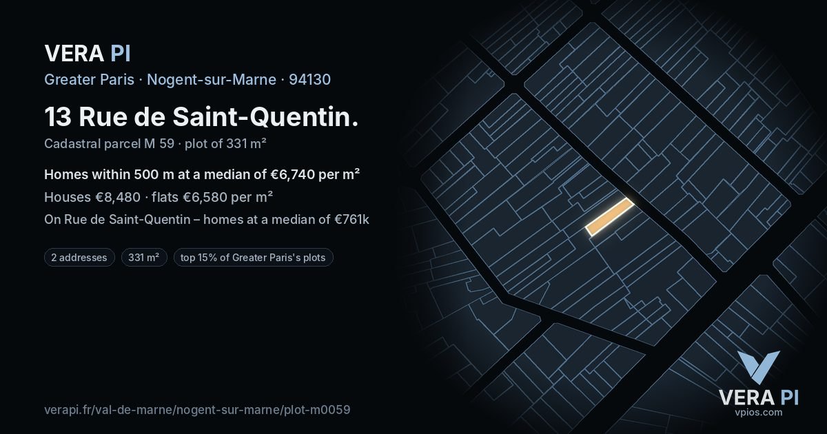 13 Rue de Saint-Quentin, Nogent-sur-Marne at night – the plot lit, the parcels around coloured by the prices near them