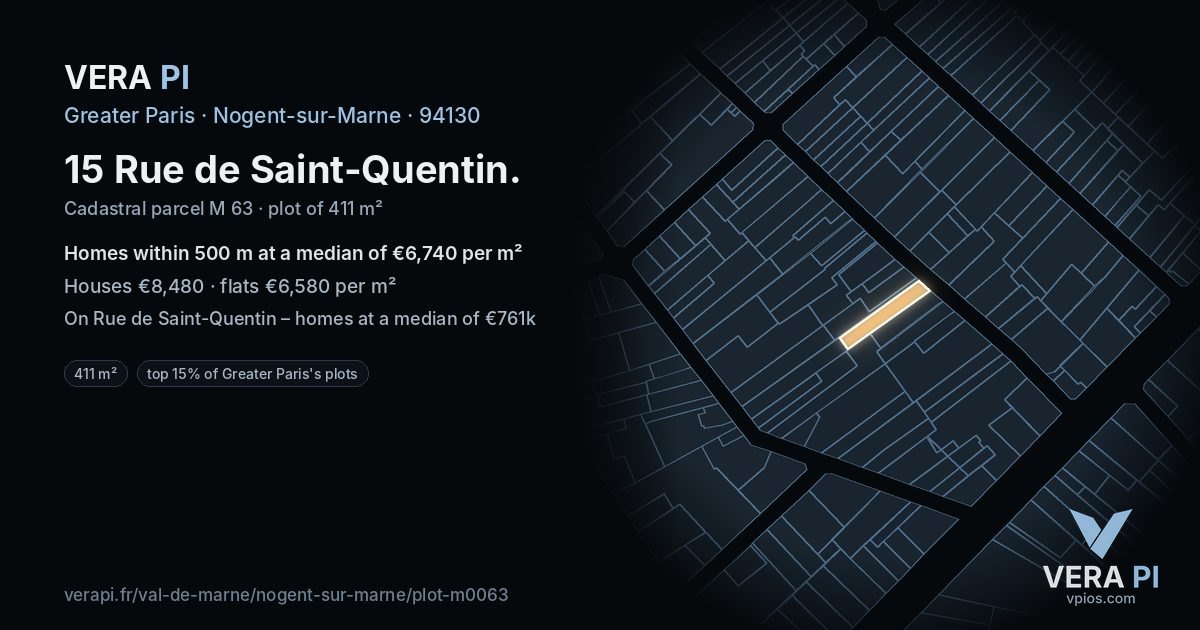 15 Rue de Saint-Quentin, Nogent-sur-Marne at night – the plot lit, the parcels around coloured by the prices near them
