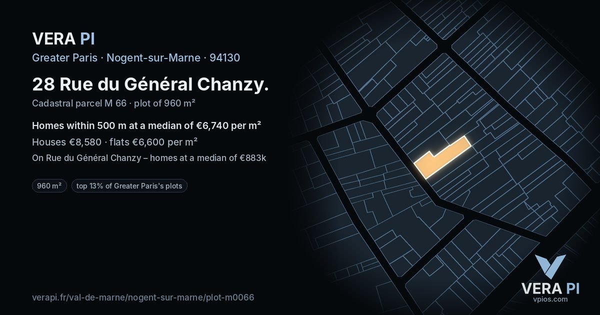 28 Rue du Général Chanzy, Nogent-sur-Marne at night – the plot lit, the parcels around coloured by the prices near them