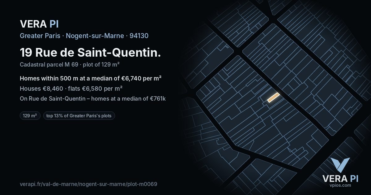19 Rue de Saint-Quentin, Nogent-sur-Marne at night – the plot lit, the parcels around coloured by the prices near them