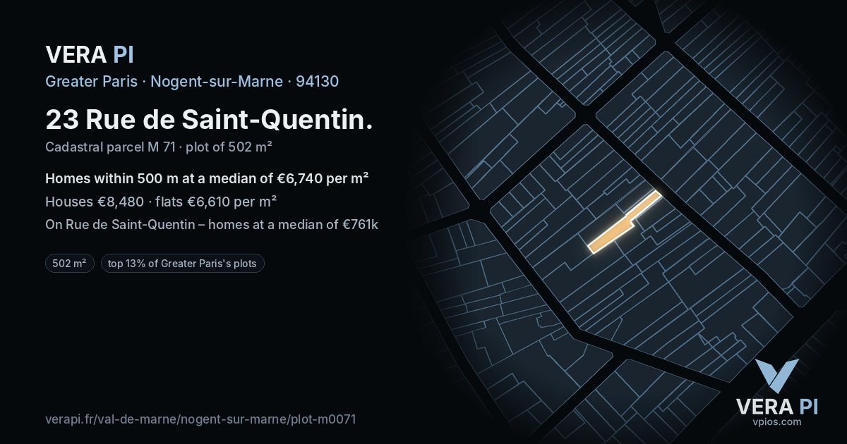 23 Rue de Saint-Quentin, Nogent-sur-Marne at night – the plot lit, the parcels around coloured by the prices near them