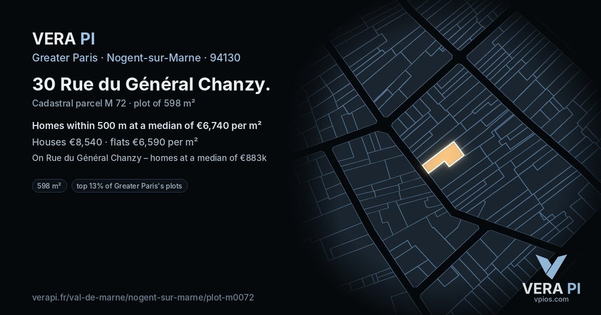 30 Rue du Général Chanzy, Nogent-sur-Marne at night – the plot lit, the parcels around coloured by the prices near them