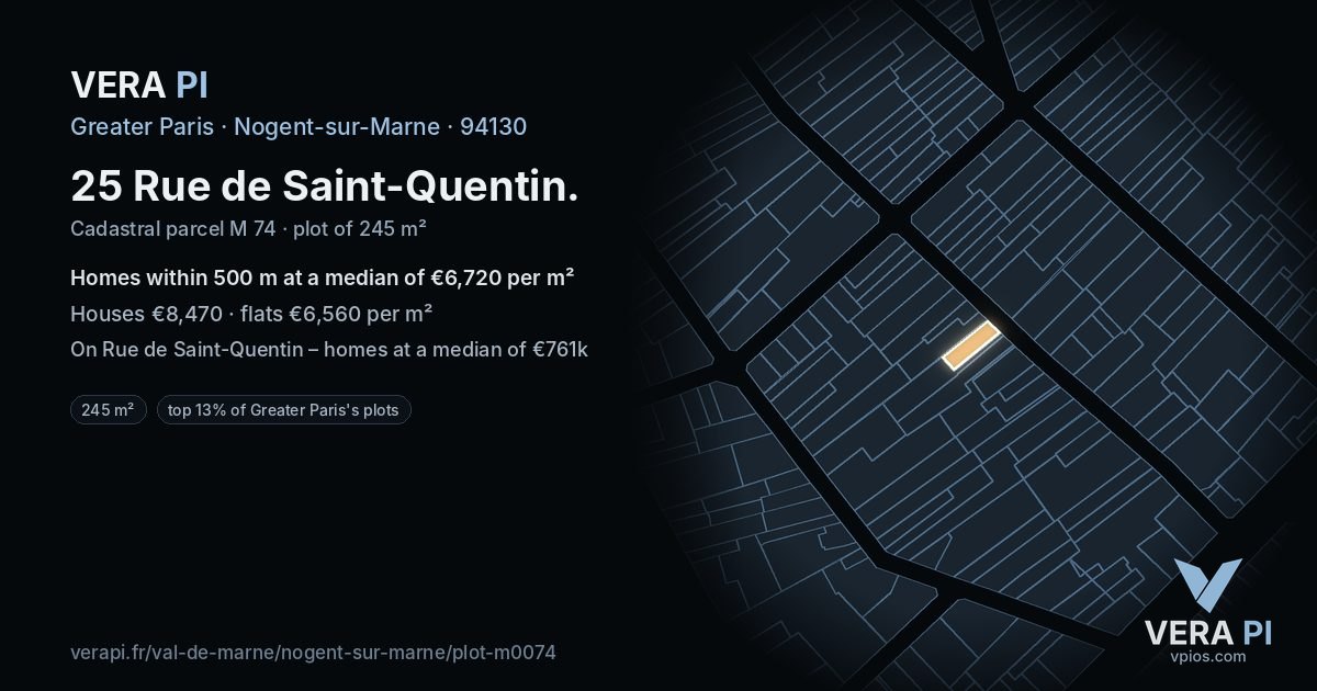 25 Rue de Saint-Quentin, Nogent-sur-Marne at night – the plot lit, the parcels around coloured by the prices near them