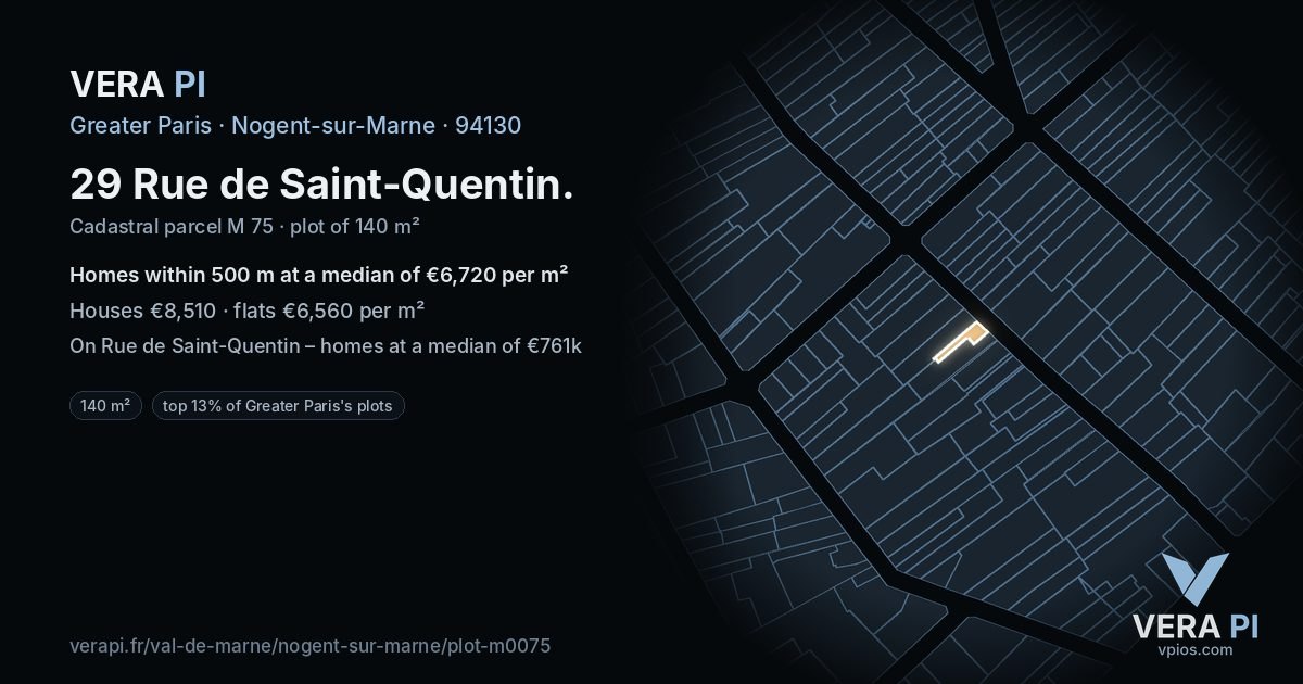 29 Rue de Saint-Quentin, Nogent-sur-Marne at night – the plot lit, the parcels around coloured by the prices near them