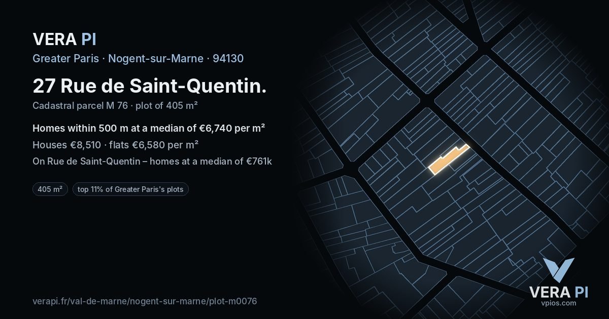 27 Rue de Saint-Quentin, Nogent-sur-Marne at night – the plot lit, the parcels around coloured by the prices near them