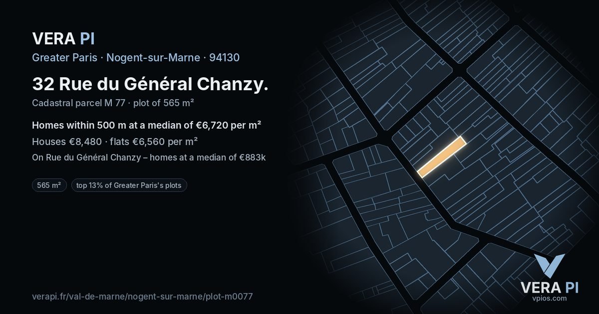 32 Rue du Général Chanzy, Nogent-sur-Marne at night – the plot lit, the parcels around coloured by the prices near them