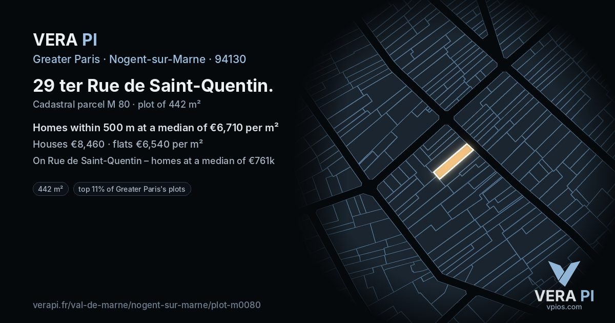29 ter Rue de Saint-Quentin, Nogent-sur-Marne at night – the plot lit, the parcels around coloured by the prices near them