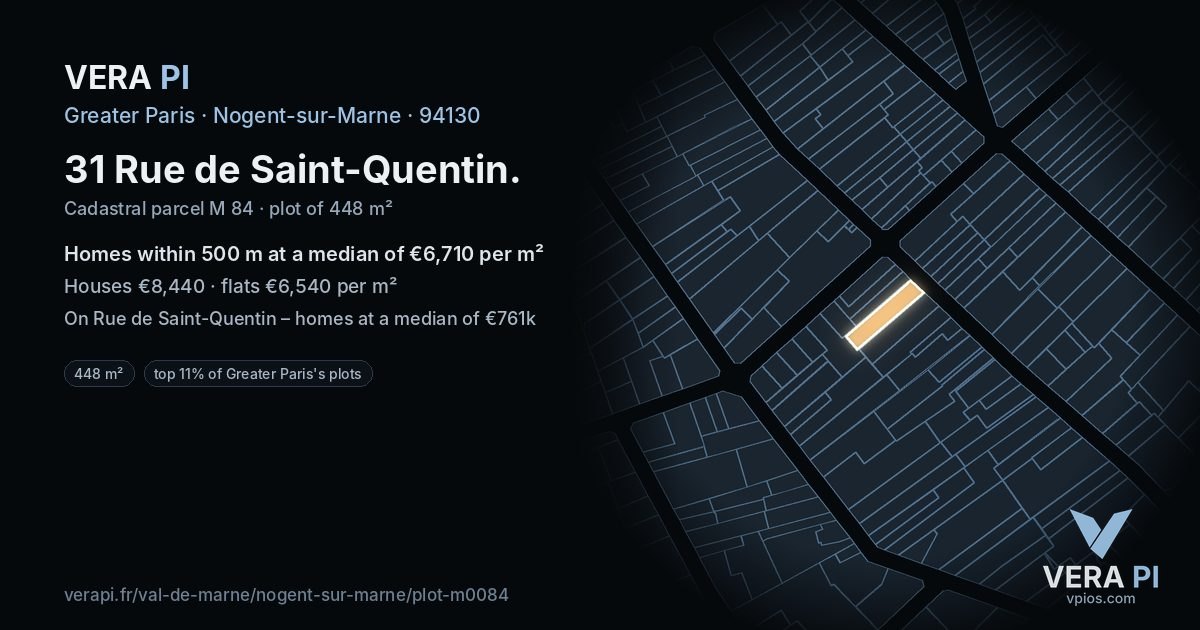 31 Rue de Saint-Quentin, Nogent-sur-Marne at night – the plot lit, the parcels around coloured by the prices near them
