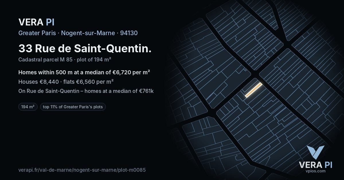 33 Rue de Saint-Quentin, Nogent-sur-Marne at night – the plot lit, the parcels around coloured by the prices near them