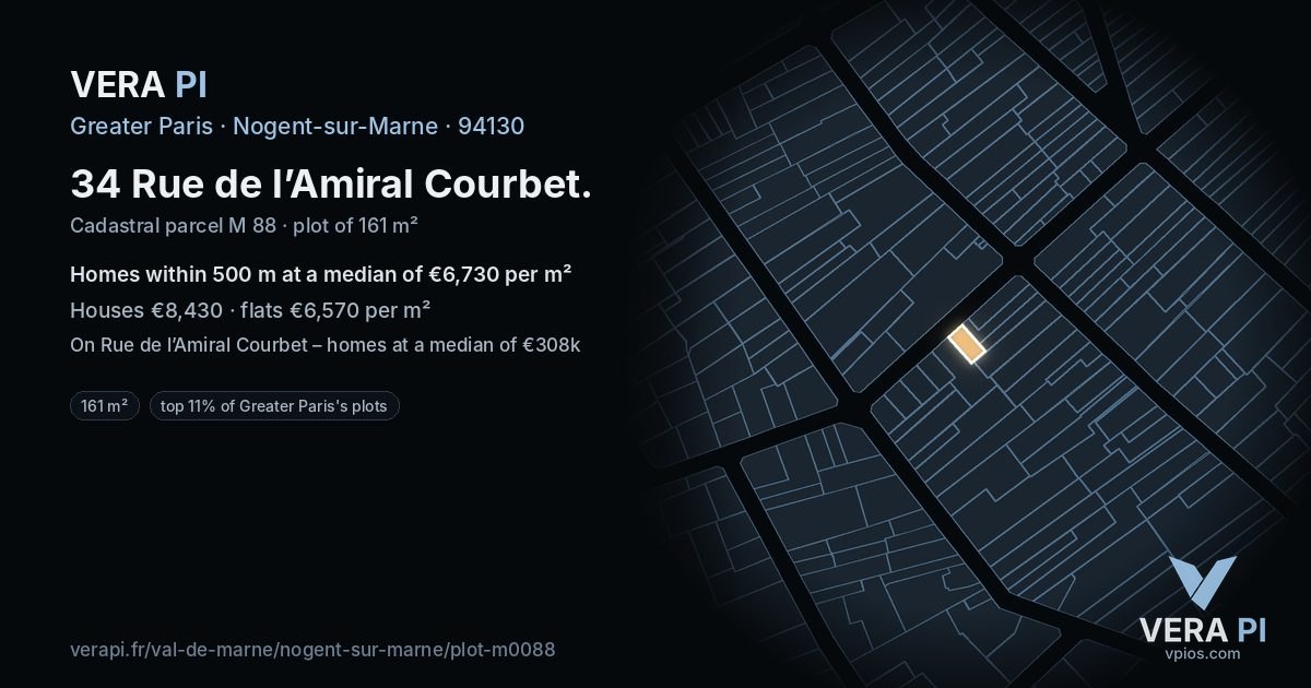 34 Rue de l’Amiral Courbet, Nogent-sur-Marne at night – the plot lit, the parcels around coloured by the prices near them