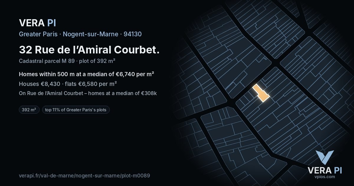 32 Rue de l’Amiral Courbet, Nogent-sur-Marne at night – the plot lit, the parcels around coloured by the prices near them