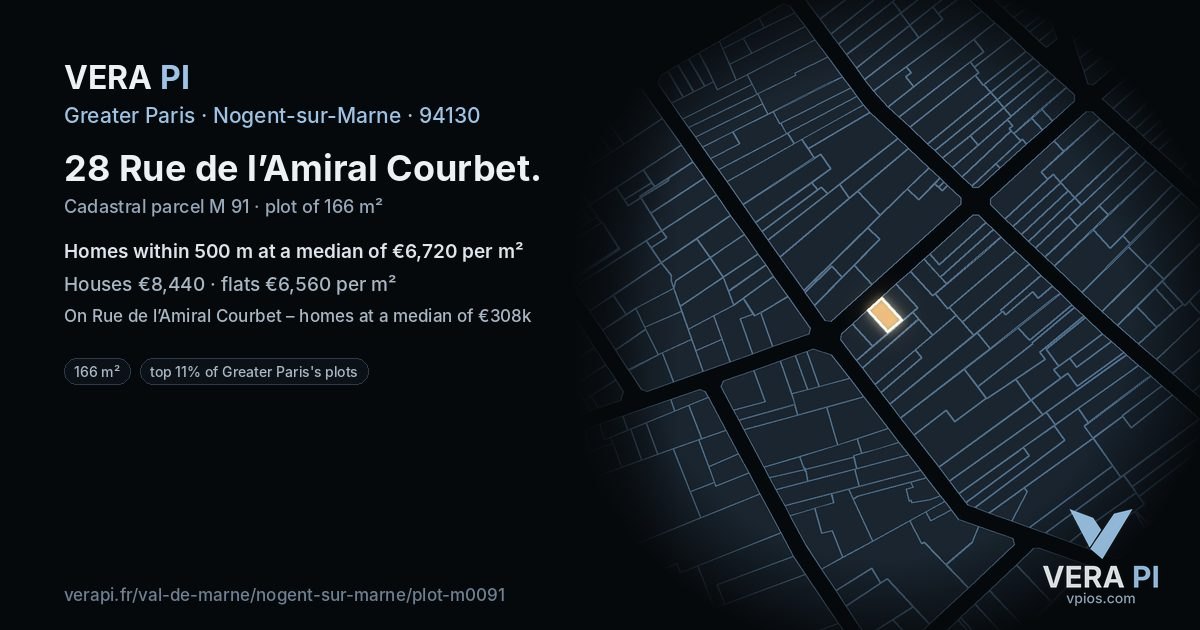28 Rue de l’Amiral Courbet, Nogent-sur-Marne at night – the plot lit, the parcels around coloured by the prices near them