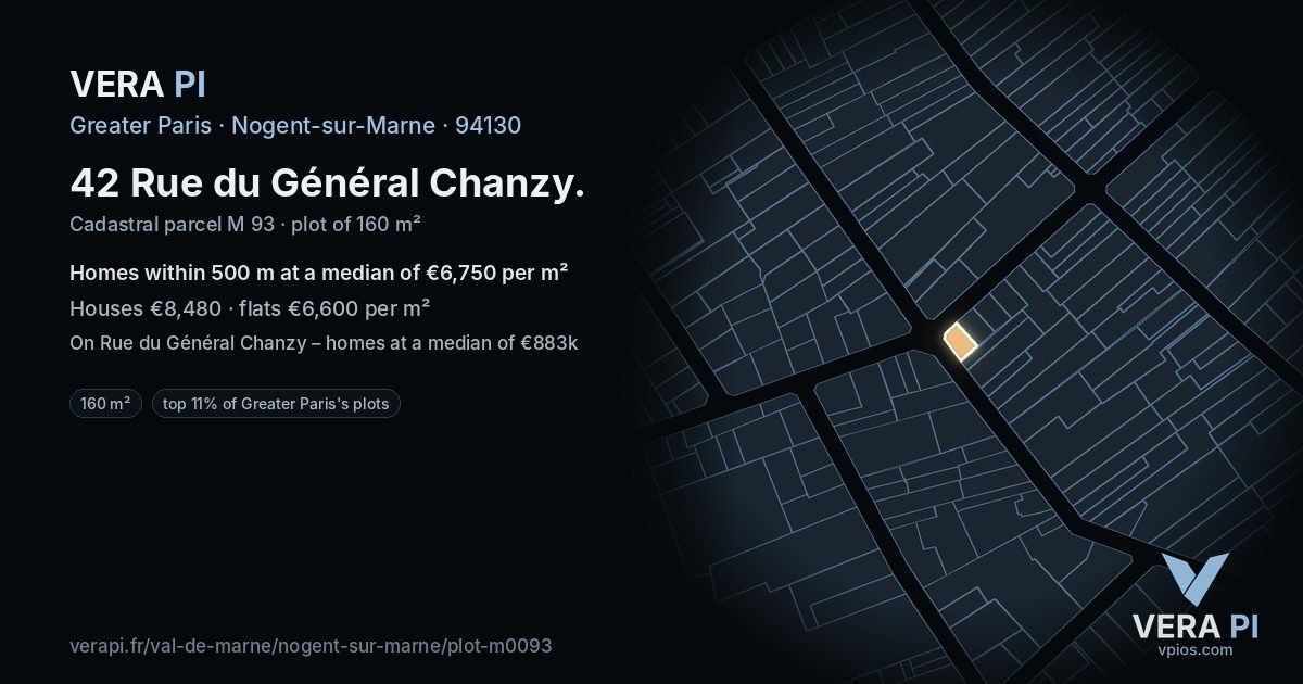 42 Rue du Général Chanzy, Nogent-sur-Marne at night – the plot lit, the parcels around coloured by the prices near them