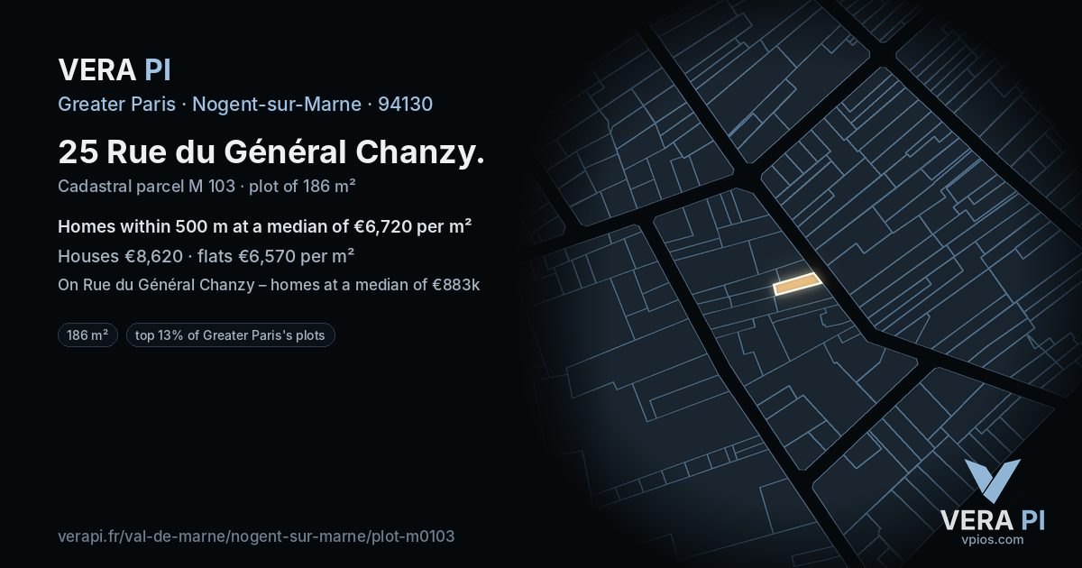 25 Rue du Général Chanzy, Nogent-sur-Marne at night – the plot lit, the parcels around coloured by the prices near them