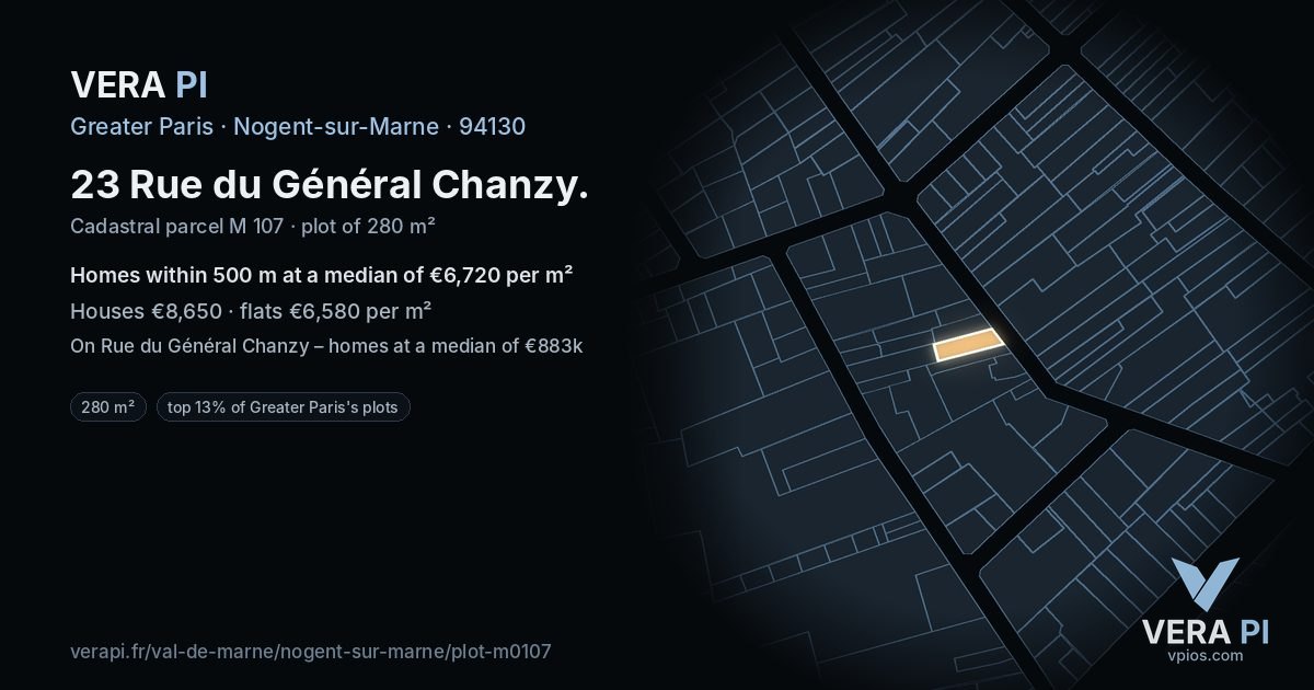 23 Rue du Général Chanzy, Nogent-sur-Marne at night – the plot lit, the parcels around coloured by the prices near them